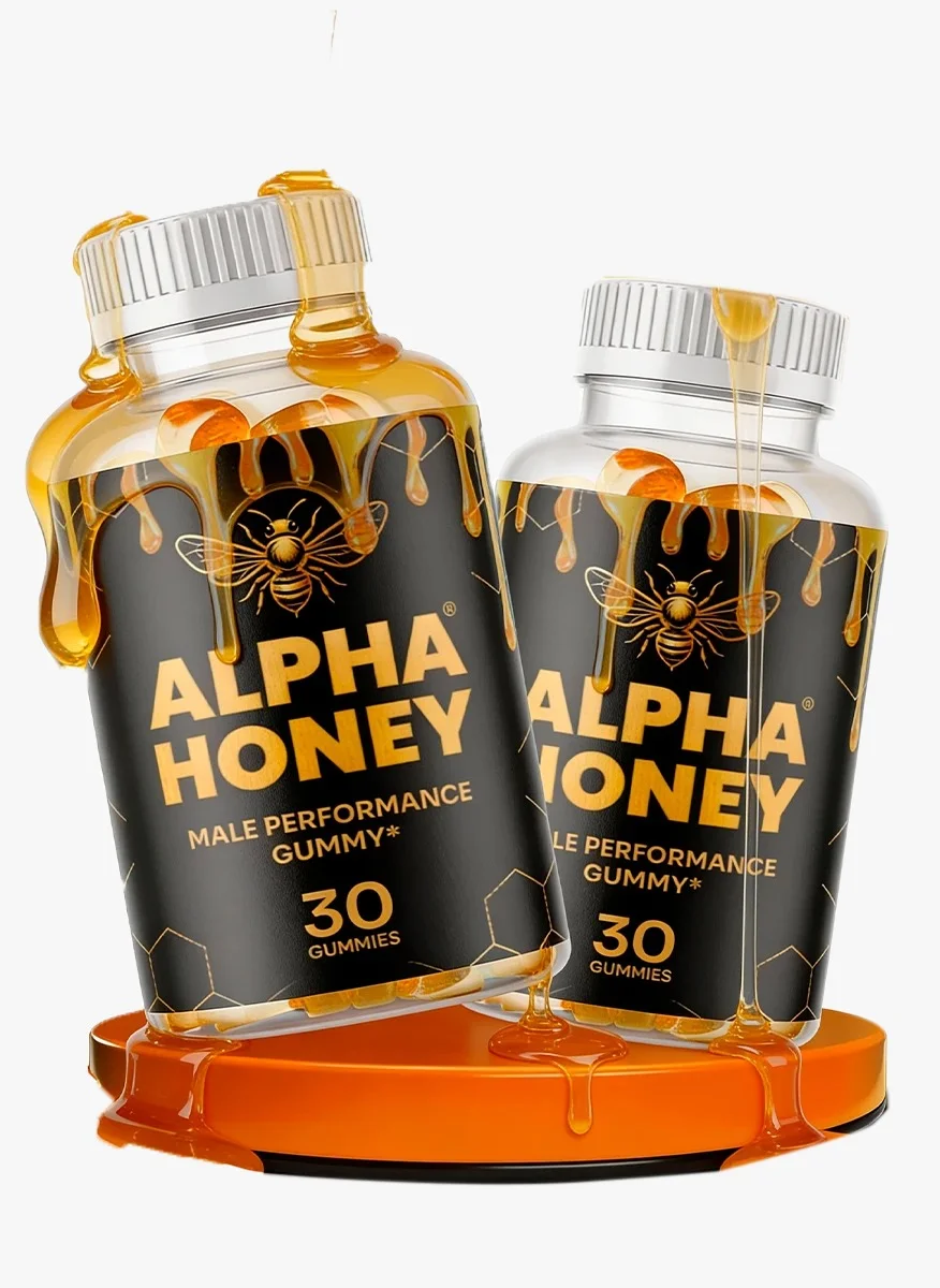 Alpha Honey male performance gummy bottles with honey drip