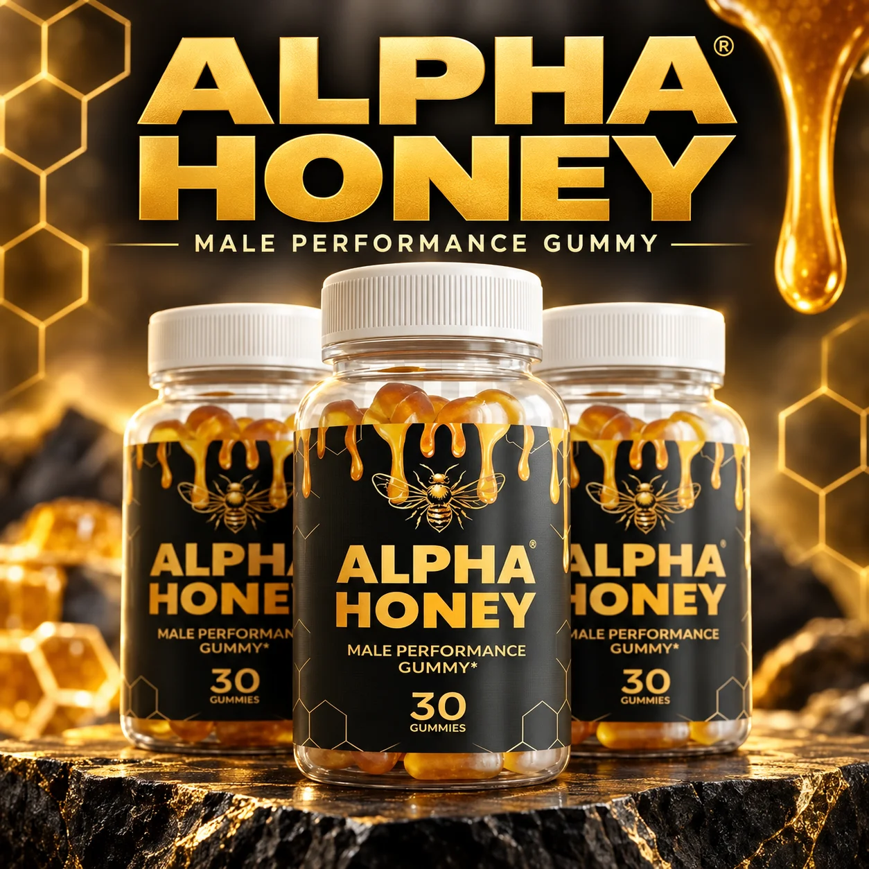Alpha Honey official product image showing three gummy bottles on honeycomb